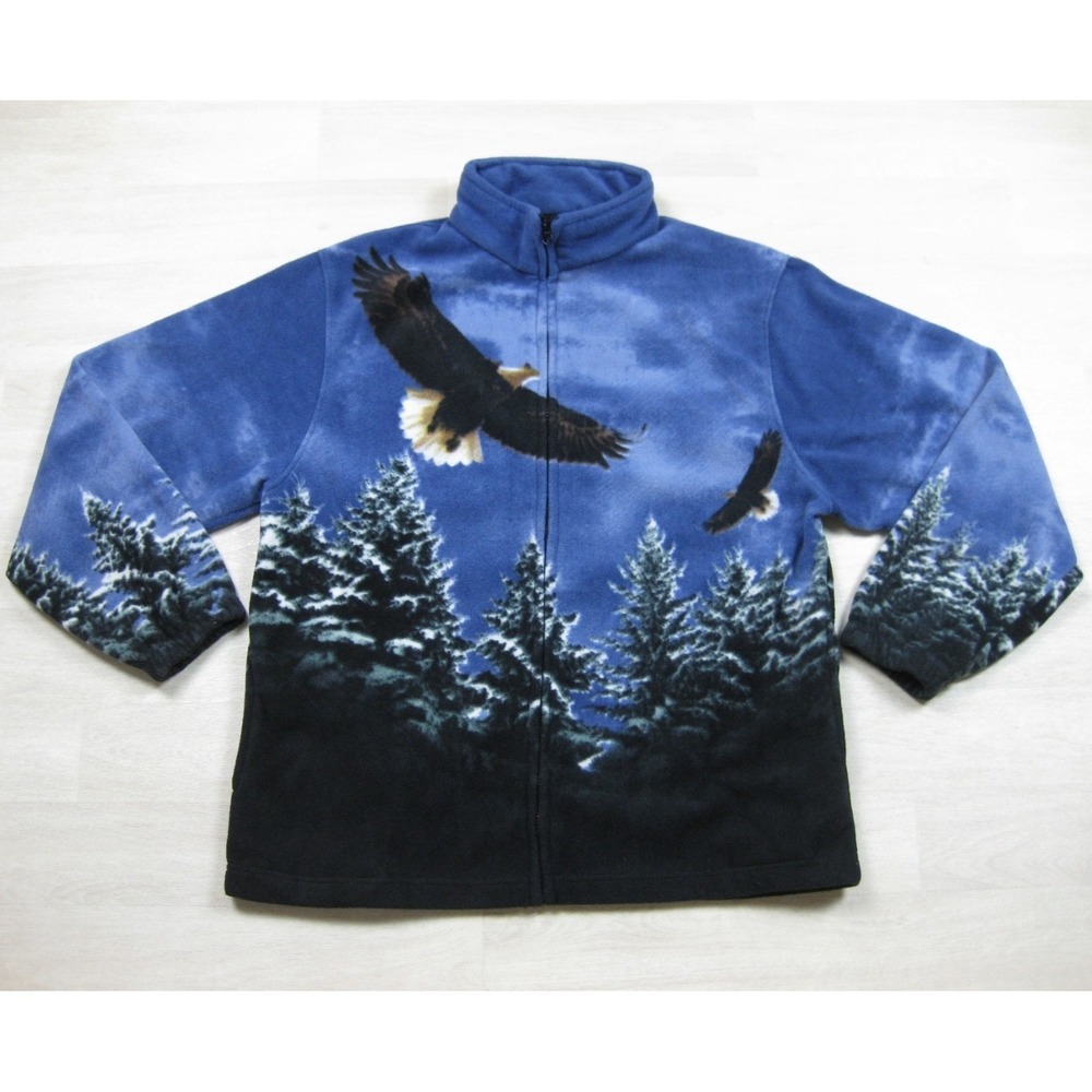 Vintage 90s Trail Crest Fleece Jacket (XL) Bald Eagle Forest‎ Nature AOP
